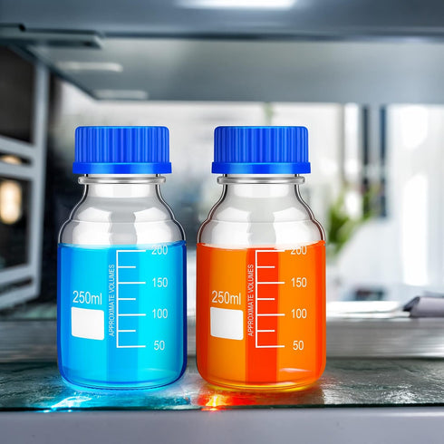 Irenare 8 Pieces Media Storage Bottles, Borosilicate Glass with Blue GL45 Screw Cap for Lab Liquids, 250 ml