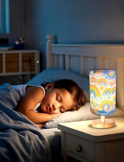 3 Dimmable Rainbow Lamp, Girls Lamps for Bedroom, Level Wood Nightstand Desk Base Flaxen Fabric Shade for Bedroom