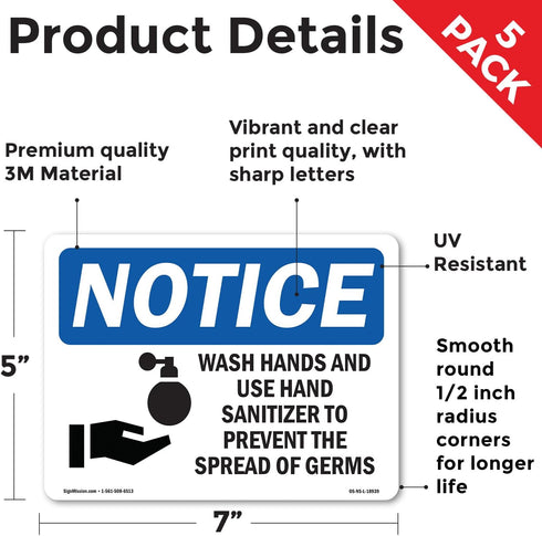 7 Inch 5 Inch 5 Pack Wash Hands And Use Hand Sanitizer With Symbol OSHA Notice Vinyl Decal Label x