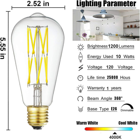 Leools Dimmable Edison LED Bulb, 10W Equivalent to 100W, Antique Style ST64, 4000K Neutral White, 1200LM, 4 Pack