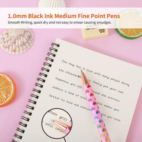 Bling Metal Pens, 6 Pack 1.0 mm Click Retractable Ballpoint Pens, Black Ink Medium Point Gift Pens for Journaling