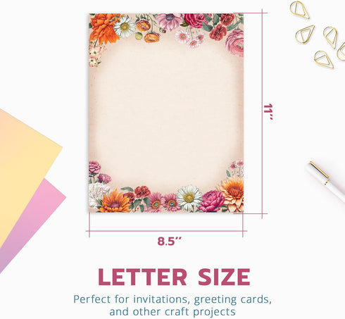 8.5 11 Inches, 50 Set Flower Paper Stationery, Vintage Floral Letterhead Paper x Sheets, Elegant Writing Paper, Pretty