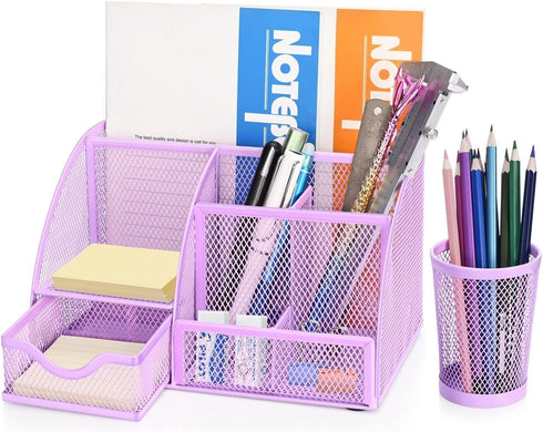 Flexzion Desk Top Caddy Organizer, Purple Office Desk Accessories with 6 Compartments, Drawer