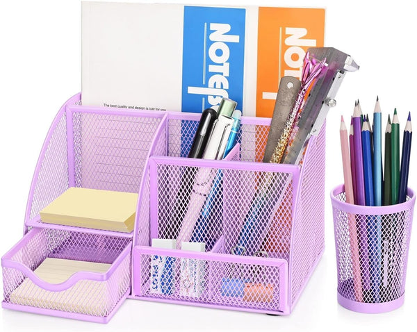 Flexzion Desk Top Caddy Organizer, Purple Office Desk Accessories with 6 Compartments, Drawer