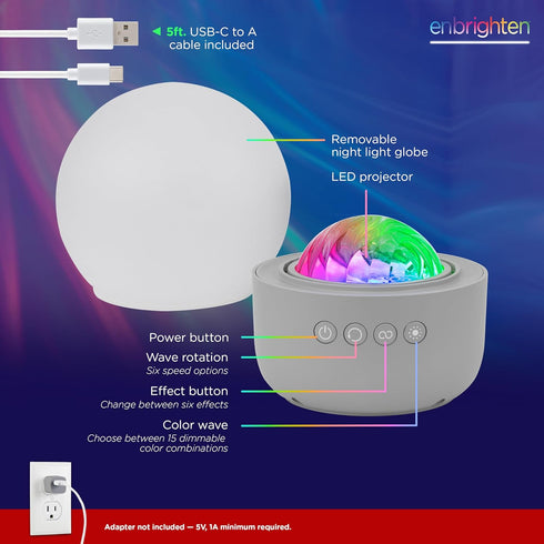 ENBRIGHTEN Aurora Wave Galaxy Projector Night Light, Tabletop Crystal-Ball for Bedroom, Playroom, Kids, Adults, 76044