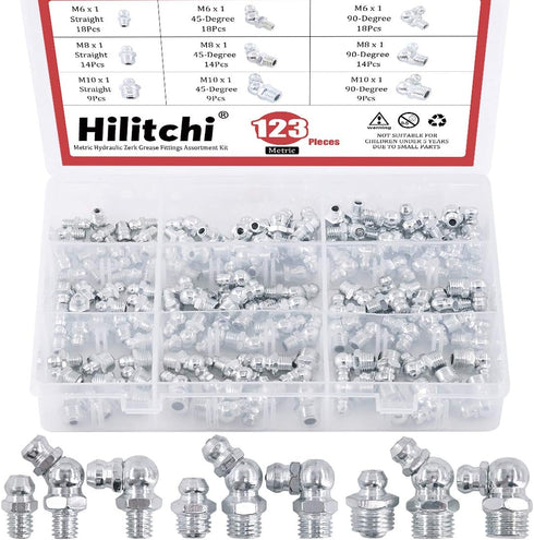 Hilitchi 123Pcs Metric Hydraulic Zerk Grease Fittings Assortment Kit