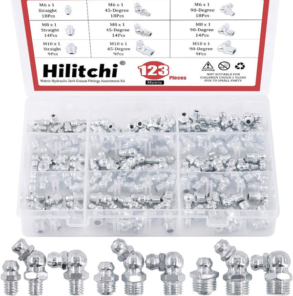 Hilitchi 123Pcs Metric Hydraulic Zerk Grease Fittings Assortment Kit