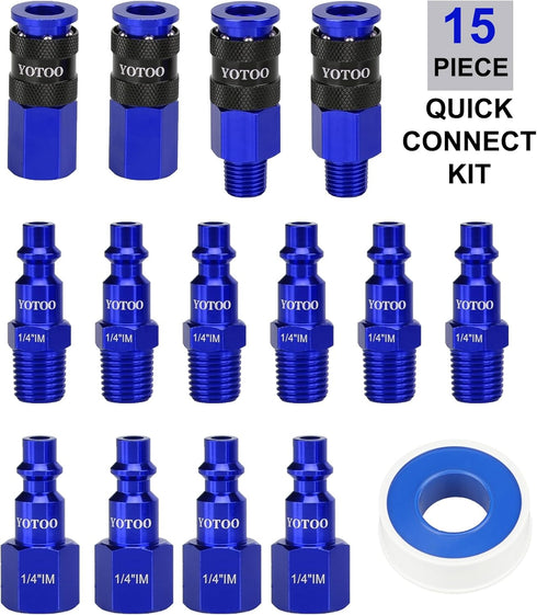 YOTOO Universal Air Coupler and Industrial Plug Kit, 15 Pcs Durable Aluminum Quick Connect Air Hose Fittings, Lightweight for Air Tools, Air Compressor Accessroies and air compressor attachments, Blue