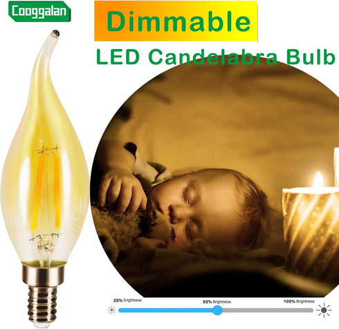 COOGGALAN E12 Bulb Dimmable, 25 Bulbs CA11 2W, Bulb, 2700K, 90, 12 Pack Amber Candelabra LED Light Watts Equivalent