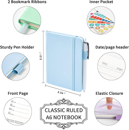 feela 3 Pack Pocket Small Notebook Journals, Mini Cute Hardcover College Ruled Notepad Women Office Supplies, with 3 Black Pens, 3.5”x 5.5”, A6, Pastel Colors, Light Blue, Light Purple, Light Green by feela