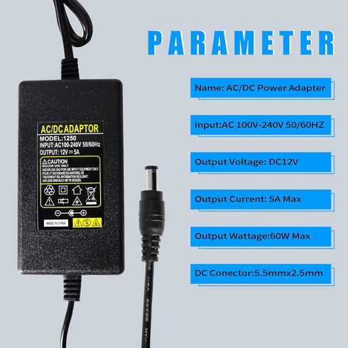 YM E-Bright 12V 5A Power Supply Adapter, 100V-240V AC to 12V DC Converter for LED Strip Light