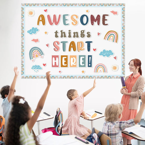 gisgfim Welcome Banner Bulletin Board Decoration Set Boho Rainbow Classroom Decor for Kindergarten and Preschool