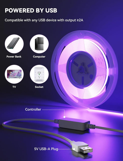 5V Light,9.84ft/3m MIWISE USB RGB COB LED Strip Tape Lights,RF & App Control,Music Sync,Ultra Bright Color Changing