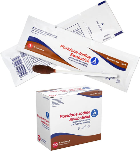 Dynarex Povidone Iodine Swabsticks, Antiseptic for Skin Preparation, Brown, 1 Box of 50 Swabsticks Packaged in