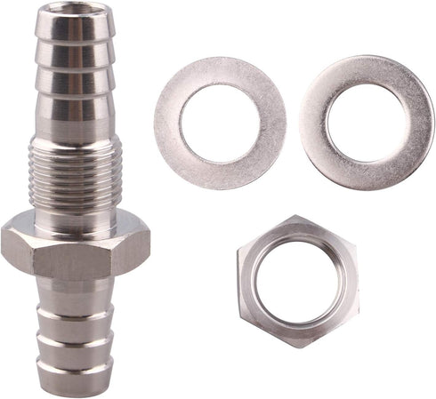 Stainless Steel 3/8" Hose Barb, Hex Bulkhead Straight Fitting, Barbed Thru-Bulk Head