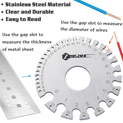 ZeeDix Standard Dual-Sided Round Wire Cable Sheet Gage - Stainless Steel Metal Wire Measurement Tool