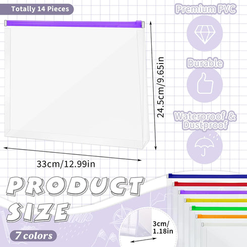 Yexiya 14 Pack Clear Plastic Zip Envelopes A4 Zipper Document Folder Letter Size File Folder Expanding Envelope Pouch for Paper Pencil Storage School Office Supplies, 13 x 9.7 Inch(Bright Colors) by Yexiya