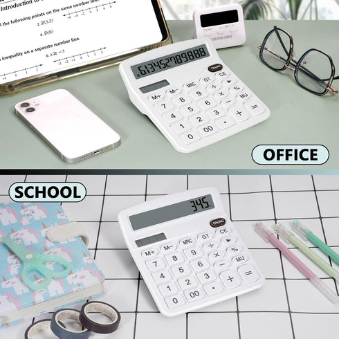 Cute White Desktop Calculator, Big Buttons, Dual Power Source, Large Display Screen for Office
