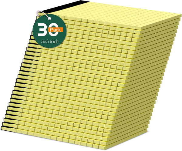 Small Note Pads, 3x5 Notepad, 30 Pack, Yellow College Ruled Scratch Memo Pads, Perforated Small Writing Note Pad