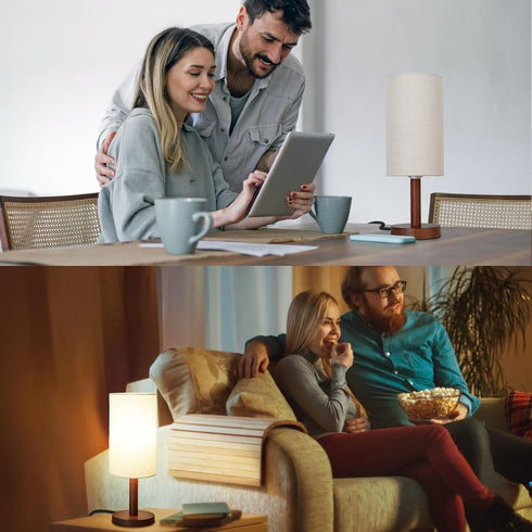 Bulb Wood2) LALISU Small Table Lamp Nightstand Lamp Linen Lampshade Bedroom Wood Base Small Bedside Lamp for Night