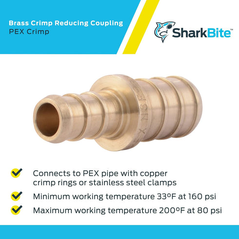 SharkBite 3/8 Inch x 1/2 Inch Crimp Reducing Coupling, Pack of 25 Brass Plumbing Fitting for PEX Pipe