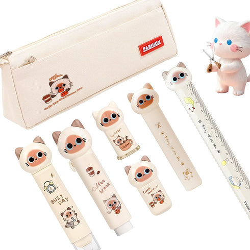 Mangpung 7Pcs Beige Cute Cat Stationery Gifts Set School Supplies Kawaii Japanese Stationery