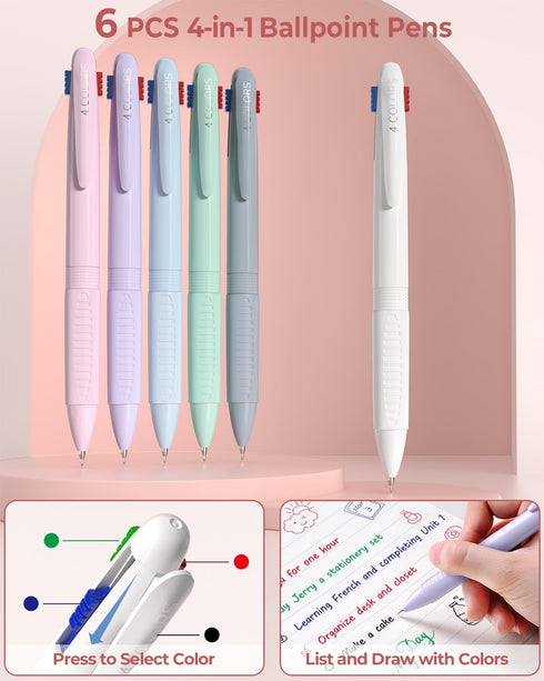 Four Candies 56 PCS Aesthetic School Supplies, Large Pencil Case, 6 Colored Ballpoint Pens, 12 Pastel Highlighters, Pink