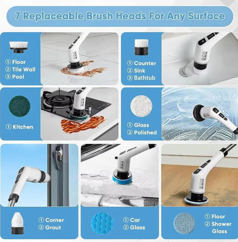 Generic 7-in-1 2 7 Electric Spin Scrubber with Long Extension Handle, Cordless Cleaning Brush with Speeds, Power