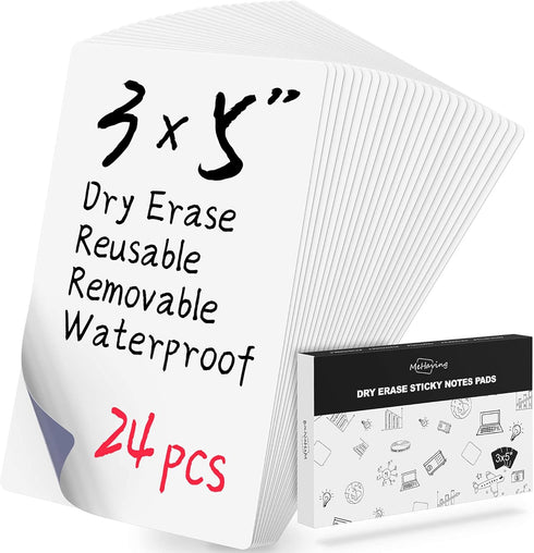 Dry Erase Sticky Note Pads, 3x5" 24pcs Reusable Small White Board Stickers for Office, School Supplies, Eco Friendly