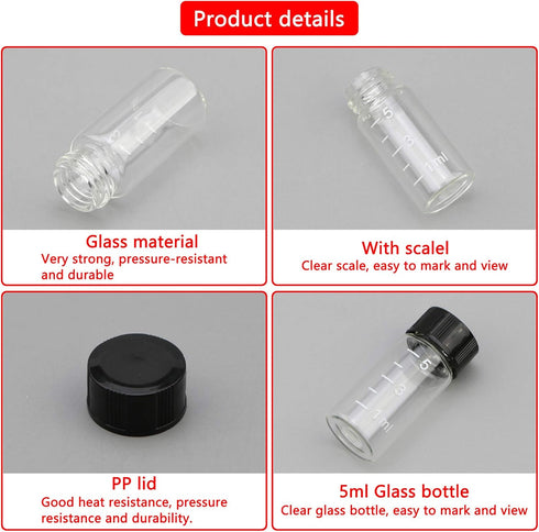 JIUWU 10pcs 5ml 1/6 Oz Scaled Clear Glass Vials, Sample Transparent Liquid Bottles with Screw Cap