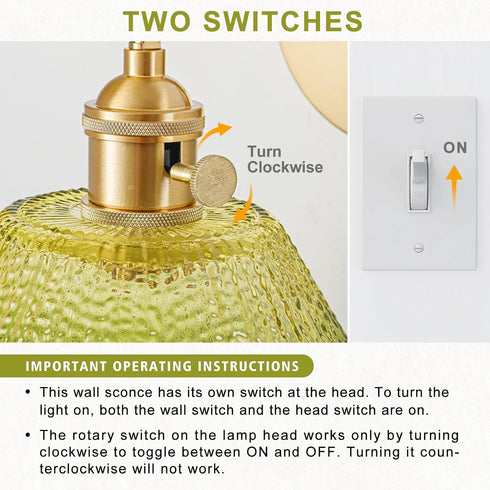 Hardwired Wall Sconce Light, Vintage Wall Sconce with Switch, Gold Wall Light Fixture with Gradient Green Glass