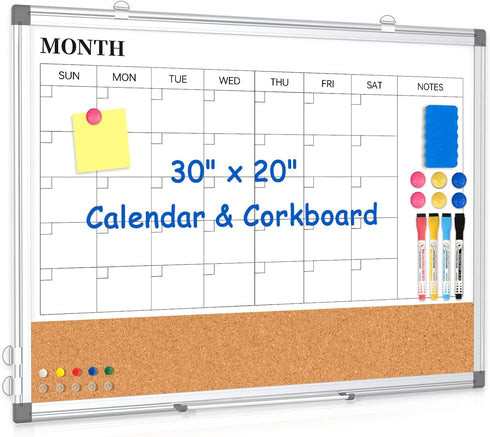 Monthly Calendar Whiteboard Dry Erase Cork Board Combo, 30" x 20" Magnetic Double-Sided Calendar