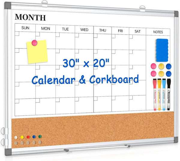 Monthly Calendar Whiteboard Dry Erase Cork Board Combo, 30" x 20" Magnetic Double-Sided Calendar