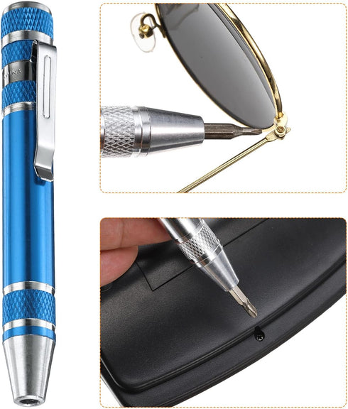 8 in 1 Mini Pocket Pen Screwdriver Set, CR-V Multi-Function Magnetic Screw Driver with Phillips and Flat Head Bits, Blue