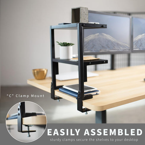VIVO Clamp-on 2-Tier Shelving Unit, 13 Inch Above or Below Desk for Table Accessories, Gaming Devices, Black,