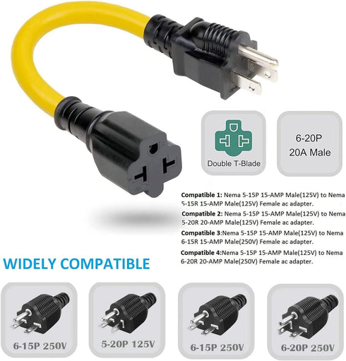 3.3FT 12AWG Heavy Duty Extender AC Plug Adapter, 15 Amp Household to 20 Amp T Blade Power Extension Cord