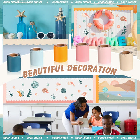 Zhanmai 6 Rolls Bulletin Board Borders, 98.5 ft Scalloped Trim for Classroom, Office, Boho Ocean Color