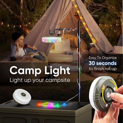 32.8FT 8 Camping String Lights, Quick Storage Rechargeable Tent Lighting String with Lighting Modes, Waterprof Portable