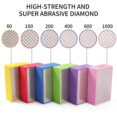 XKDOUS 6PCS Diamond Hand Polishing Pads, 60/100/200/400/600/1000 Diamond Sanding Pads for Ceramic Tile Glass Stone