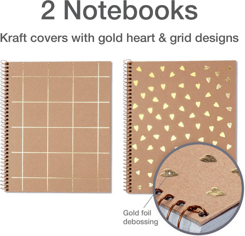 Oxford Spiral Notebooks, 2 Pack, 100% Recycled, Kraft, Gold Foil Designs, College Ruled, 80 Sheets/160 Pages, Student Gifts, Teacher Gifts (90881) by Oxford