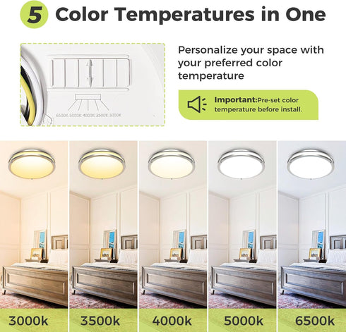 13inch Dimmable 5CCT(3000K 3500K 4000K 5000K 6500K) 24W hepside Ceiling Lights, Flush Mount LED Ceiling Light Fixture