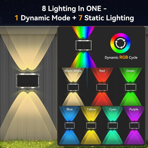8 35% IP66 (1 Pack) TECKNET Solar Outdoor Up Down Lights, Modes RGB Color Changing Wall Sconces with High Conversion