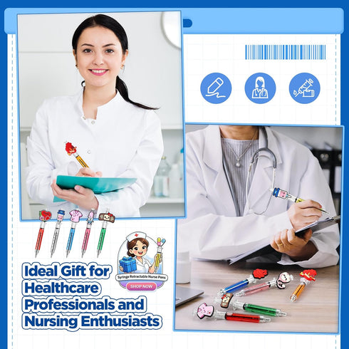 Estune 100 Set 50 50 Pcs Cute Nurse Pens Bulk Include DIY Nursing Silicone Accessories Retractable Black Ink Syringe