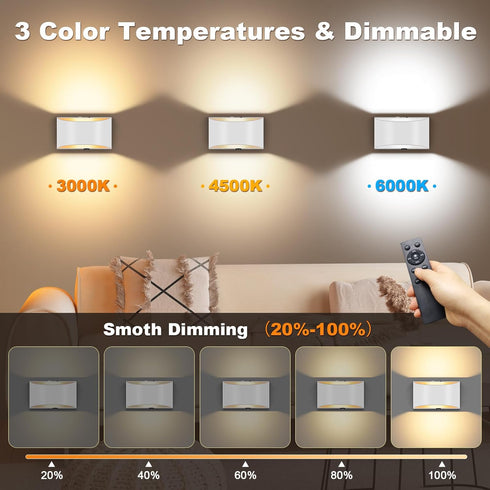 Set 2 Battery Operated Wall Sconces of Wireless Indoor Wall Lights Up and Down Wall Mount Light for Living Room Bedroom