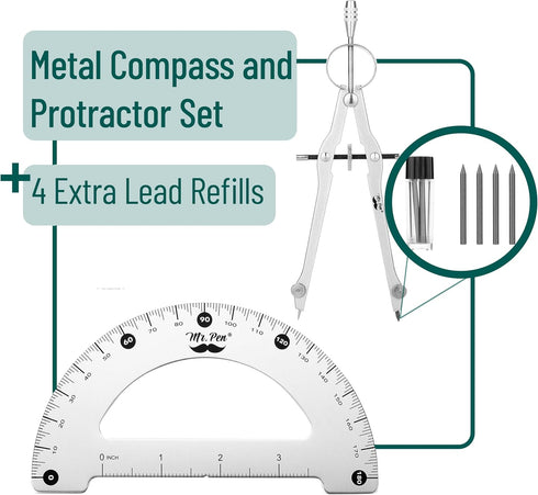 Mr. Pen- Metal Protractor and Metal Compass Set, Compass for Geometry, Geometry Set, Compasses, Protractor and Compass, Protractor for Geometry, Drawing Compass, Math Compass, Math Compass by Mr. Pen