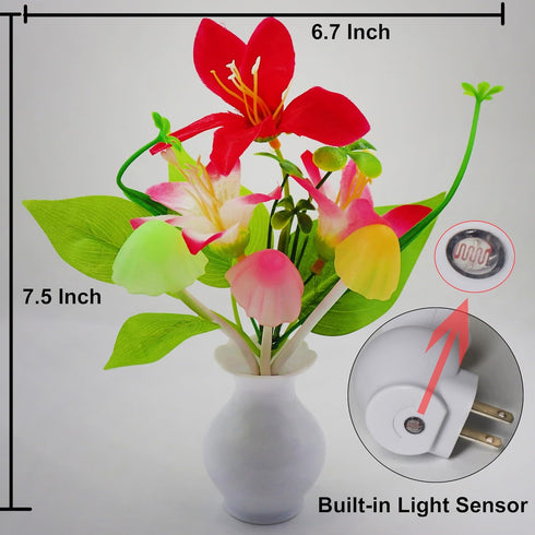 2 AUSAYE PCS Plug-in Night Light with Auto Light Sensor,RGB LED Mushroom Night Light Wall Red Lily Flower Lamp Energy