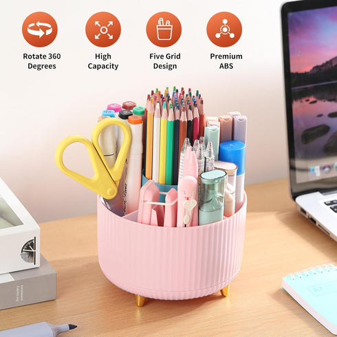 Desk Pencil Pen Holder, 5 Slots 360°Degree Rotating Pencil Pen Organizers for Desk, Desktop Storage Stationery Supplies Organizer, Cute Pencil Cup Pot for Office, School, Home, Art Supply, Pink by EDENMS