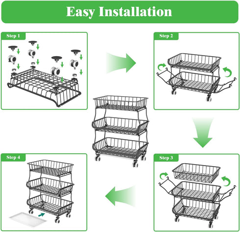MJIMKE 3-Tier Countertop Rolling Cart with Wheels - Stackable Wire Baskets for Pantry Organization and Kitchen Storage
