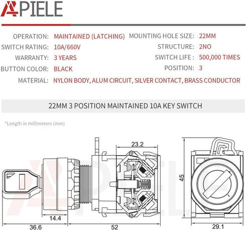 APIELE 22mm Key Switch, 440V 10A, 2NO Maintained (3 Position, Latching)