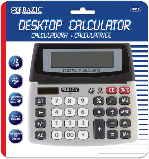 BAZIC 12-Digit Dual Power Desktop Calculator with Adjustable Display, Solar & Battery, LCD Display, 1-Pack
